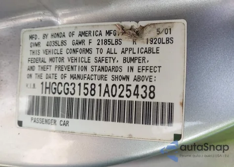 2001 Honda Accord 2.3 Ex from USA, damaged, VIN 1HGCG31581A025438